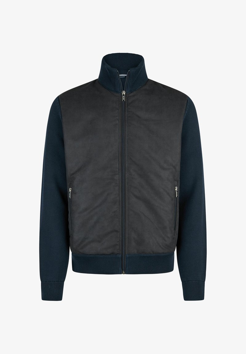 Dunkelblaues Bomberjacke aus glattem Stoff vorne und gerippten Strickärmeln, mit einem hohen Kragen und Reißverschluss. Zwei seitliche Taschen.