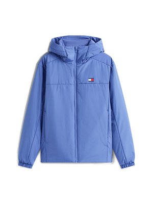 Heleheline jope kapuutsiga, millel on esiküljel tõmblukk, elastsed mansetid ja peen tekstuur. Rinnal on väike logo.