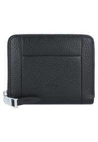 Cartera de cuero negro con una superficie texturizada, cierre de cremallera y herrajes de plata. Presenta un compartimento para tarjetas en el frente y un logotipo grabado.