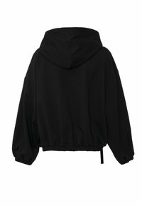 Zwarte cropped hoodie met capuchon, wijde mouwen en elastische zoom. Heeft een zachte stoftextuur en een minimalistisch ontwerp.