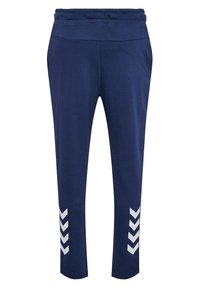 Marina atletiska byxor med en bred elastisk midja, prydda med vita zigzag-mönster på den nedre sidan av varje ben. Mjuk och elastisk tyg.