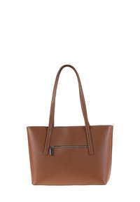 Sac tote en cuir texturé marron avec de longues poignées et une poche zippée à l'avant. Forme rectangulaire avec un design minimaliste.