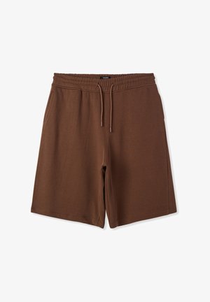 Pantaloncini marroni in cotone con vita elasticizzata e coulisse, tasche laterali e vestibilità comoda. Tessuto liscio e design semplice.