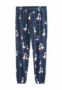 Navy pajama pants with elastic waistband; features white ducks and red accents, scattered stars, and snowflake patterns. Includes side pockets.