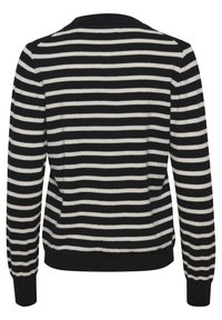 Sweter w czarno-białe paski z długimi rękawami, okrągłym dekoltem, ściągaczami przy rękawach i u dołu, wykonany z miękkiego, lekkiego materiału dzianinowego.