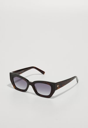 Tortoiseshell sunglasses with a square frame, gradient lenses, and sleek temples featuring a subtle logo accent on the side.