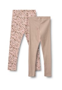 Zwei Paare Kinderleggings, einmal einfarbig beige und einmal rosa mit einem grünen und blauen Blumenmuster, flach nebeneinander ausgelegt.