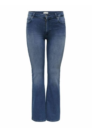 Denim flared jeans in medium blue with a smooth texture, featuring front pockets and a zip fly closure. Subtle whiskering detail.