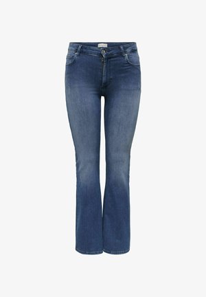 Denim flared jeans i mellemblå med en glat tekstur, der har forlommer og en lynlåslukning. Diskret slidte detaljer.