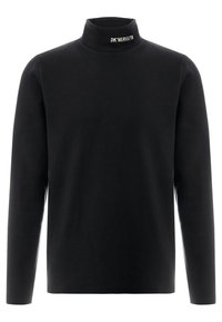 Maglione nero a maniche lunghe con collo a lupetto in morbido cotone. Presenta un collo alto con logo ricamato "DK'NERVEI19" in bianco. Texture liscia, design senza cuciture.