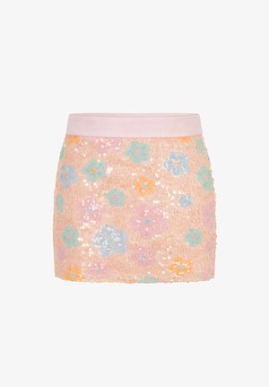 Minigonna coperta di paillettes con motivo floreale pastello in rosa, blu, arancione e verde, con fascia in vita rosa pallido.