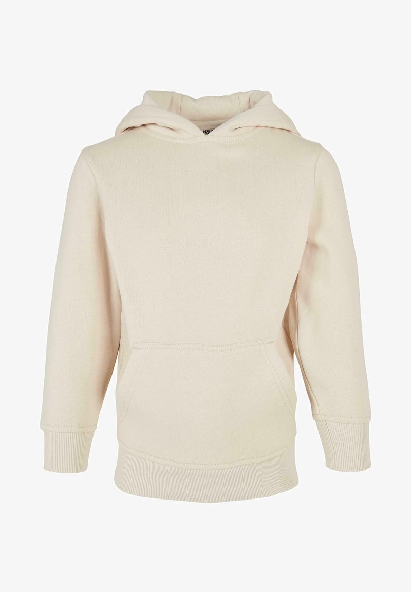 Sudadera color crema hecha de un material suave, con un bolsillo tipo canguro, puños acanalados y capucha con cordón. Textura suave, diseño sencillo.