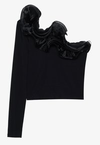 Top nero a maniche lunghe con design a spalla unica e dettagli trasparenti e arricciati lungo il collo, realizzato in tessuto morbido e leggero.