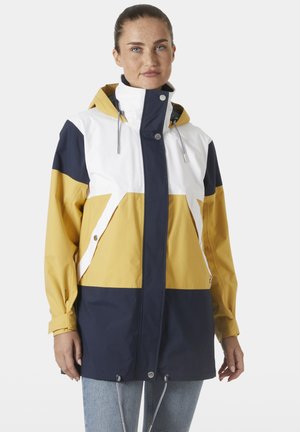 Kleurgebroken, waterdichte jas met gele, witte en marineblauwe panelen; heeft een capuchon, trekkoord en drukknoopsluiting.
