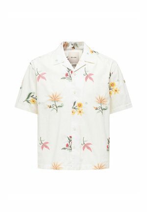 Valge lühikeste varrukatega nööbitav särk laiemate siseäärtega, millel on roosades, kollastes ja rohelistes toonides lillemuster.