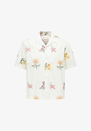 Valge lühikeste varrukatega nööbitav särk laiemate siseäärtega, millel on roosades, kollastes ja rohelistes toonides lillemuster.