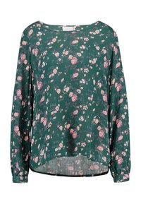 Groene bloemetjesblouse met een losse fit, ronde hals en lange mouwen. Het materiaal is lichtgewicht met roze en crème bloemenpatronen.