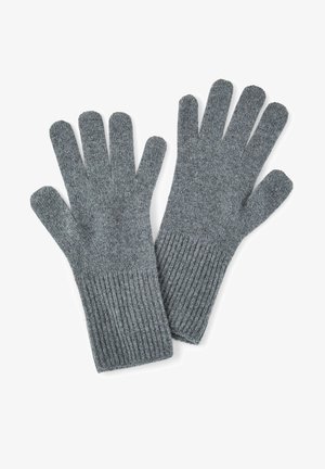 Szare, dziane rękawice z prążkowanym mankietem, pięciopalczaste, o miękkiej fakturze, idealne do zapewnienia ciepła i komfortu.
