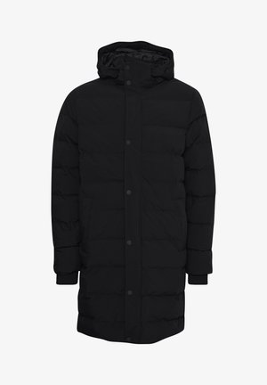 Schwarze Daunenjacke mit Kapuze, ausgestattet mit einem Reißverschluss und Druckknöpfen, gerippten Bündchen und einem langen, leicht abgerundeten Saumdesign.