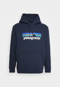 Sweatshirt capuz azul-marinho feito de material suave, apresentando uma estampa gráfica de montanhas e a palavra "patagonia" em branco. Inclui um bolso frontal.
