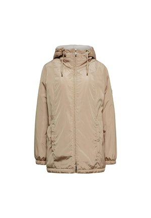 Beige, leichte Jacke mit Kapuze, silbernem Reißverschluss, elastischen Bündchen und Kordelzug am Saum. Glatte Textur, keine sichtbaren Muster.