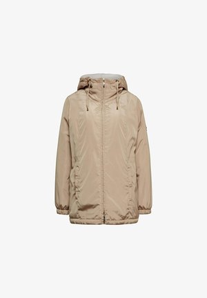 Beige, leichte Jacke mit Kapuze, silbernem Reißverschluss, elastischen Bündchen und Kordelzug am Saum. Glatte Textur, keine sichtbaren Muster.