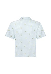 Korte mouwblouse in lichtblauw geruit patroon met kleine gele bloemenborduursels. Zacht materiaal met een klassieke kraag en een relaxte pasvorm.