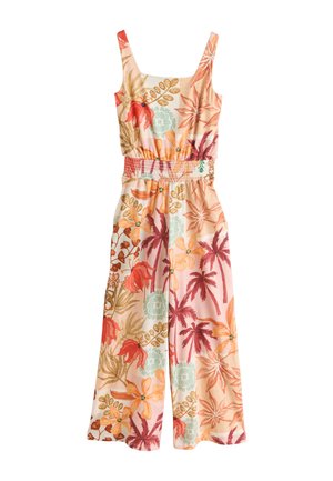 Nohavicový overal bez rukávov so širokými nohavicami, s kvetinovým a palmovým vzorom v odtieňoch broskyne, červenej, oranžovej a zelenej, so nazberaným pásom.