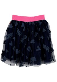 Granatowa spódnica tiulowa z różową elastyczną talią, ozdobiona błyszczącymi wzorami serc i liter, warstwowa i puszysta, zapewniająca objętość.