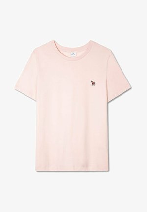 Hellrosa Baumwoll-T-Shirt mit Rundhalsausschnitt und kurzen Ärmeln; verfügt über ein kleines gesticktes Zebramuster auf der Brust.