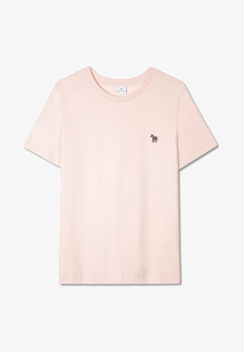 T-shirt in cotone rosa chiaro con scollatura rotonda e maniche corte; presenta un piccolo design di zebra ricamato sul petto.