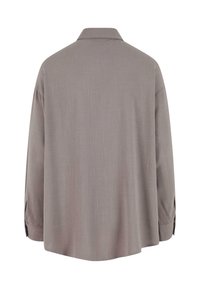 Gray collared shirt with long sleeves, soft texture, relaxed fit, and side slits at the hem. Back view, no patterns or embellishments.
