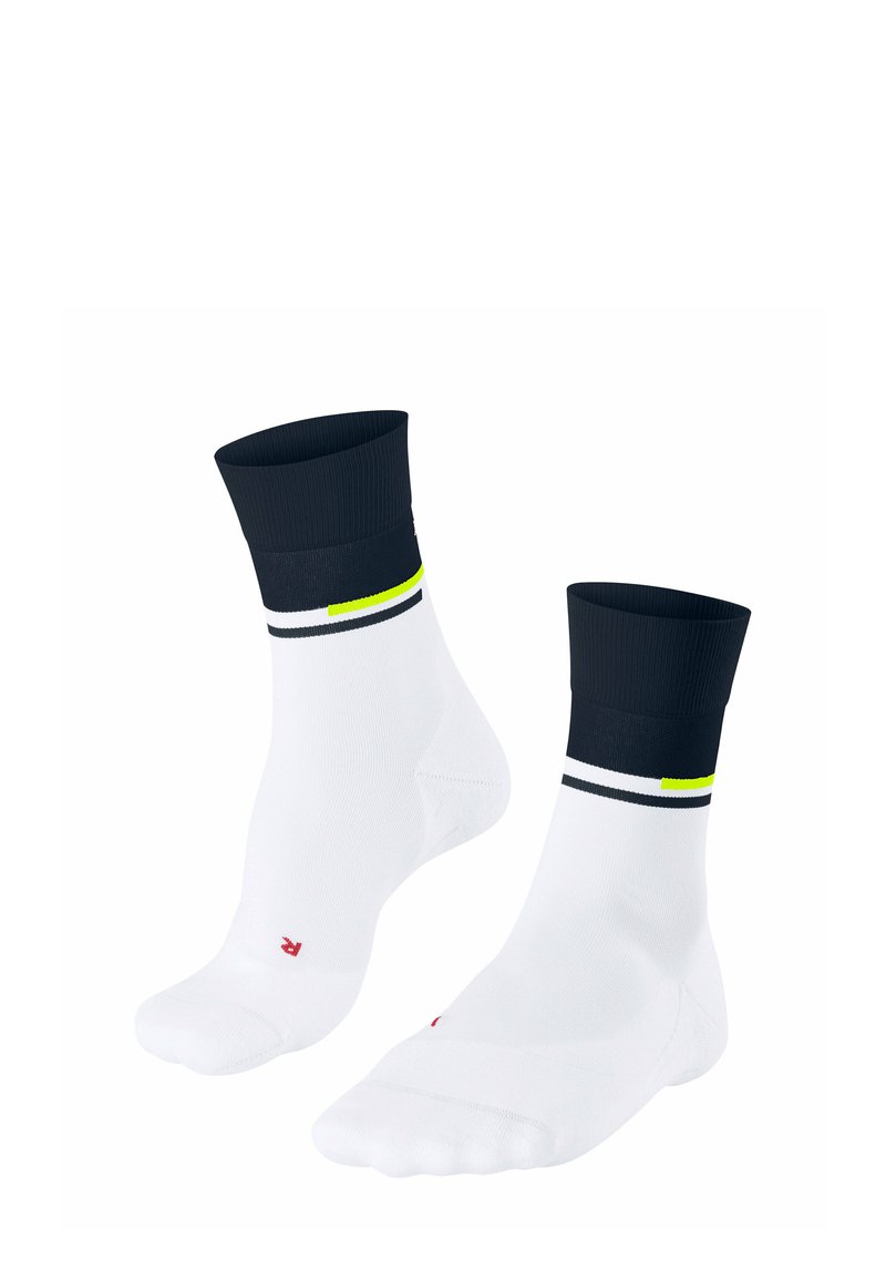 Białe skarpetki z granatowym ściągaczem, z czarnymi i neonowo-żółtymi paskami. Na dole znajduje się czerwone logo na jednej skarpetce.