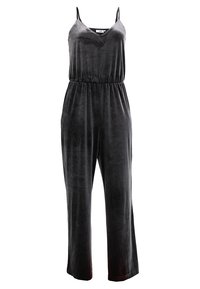 Combinaison en velours noir avec bretelles spaghetti, décolleté en V, taille élastique et jambes larges. Texture lisse et design uni.