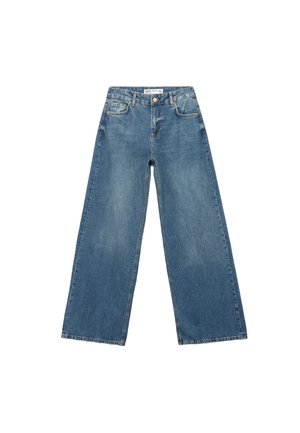 Blaue Denim-Breitbeinhosen mit hoher Taille, Fünf-Taschen-Design und dezenten Ausbleichungen entlang des Stoffes. Sauberer Saum ohne Verzierungen.