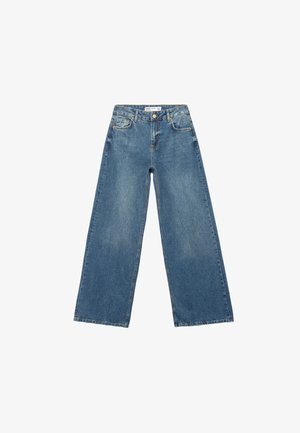 Blaue Denim-Breitbeinhosen mit hoher Taille, Fünf-Taschen-Design und dezenten Ausbleichungen entlang des Stoffes. Sauberer Saum ohne Verzierungen.