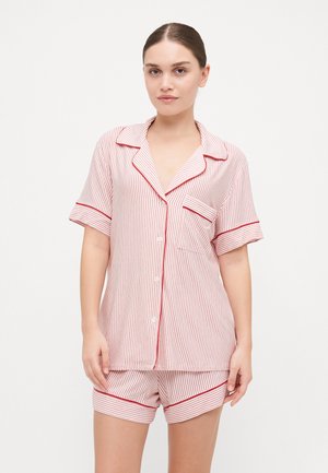 Striped cotton sleepwear set featuring a button-up short sleeve top with a pocket and matching shorts, in red and white colors.