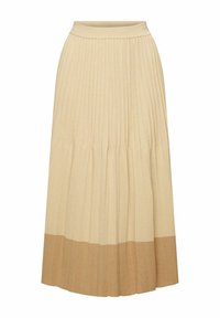 Jupe midi plissée beige et marron clair avec une taille ajustée et un design color block en bas.