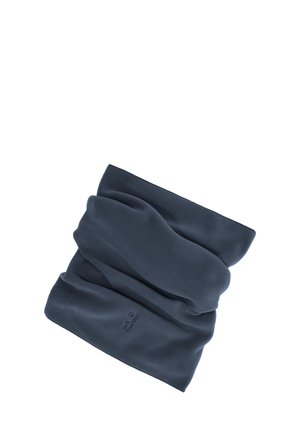 Dark blue fleece neck warmer with subtle logo embroidered near the bottom, shown against a white background.