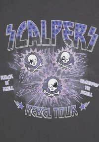 Black cotton graphic t-shirt featuring bold white and purple text, three skulls with crossbones, and star accents.