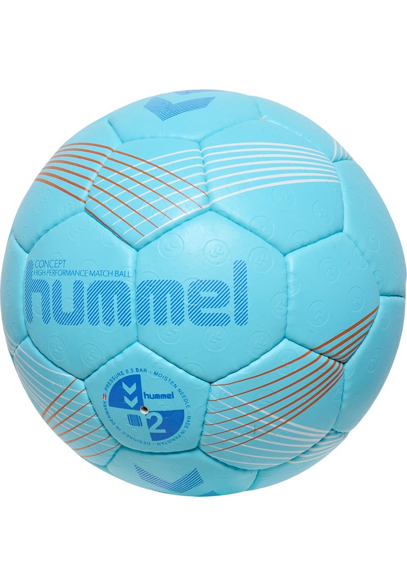 Ljusblå handboll med orangea och vita ränder. Har "hummel"-logotyp i blått. Texturerad yta med hexagonala paneler och en ventil.