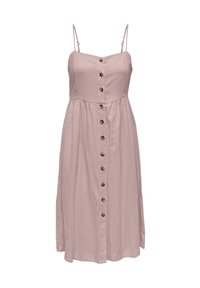 Rosa lin klänning med spaghetti band, knäppning framtill och samlad midja. Har en knälång design och subtil textur.