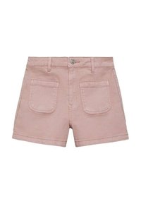 Roza denim kratke hlače s oprijetim pasom, sprednjim gumbom in dvema zadnjima žepoma. Imajo čist rez in minimalne šive.