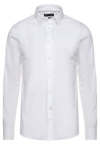 Camicia da uomo a maniche lunghe bianca con colletto classico e chiusura frontale con bottoni, presentata su uno sfondo neutro.