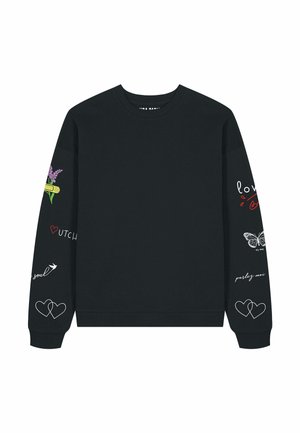 Zwarte sweatshirt met ronde halslijn en lange mouwen. Bevat kleurrijke graphics op de mouwen: illustraties van bloemen, hartjes en vlinders.