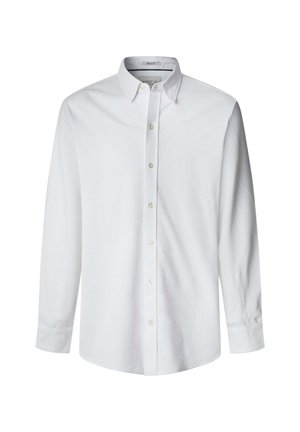 White long-sleeve shirt made of smooth fabric, featuring a button-down collar and front buttons with a straight cut at the hem.