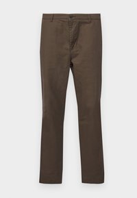 Brown cotton trousers with a straight-leg design, featuring a button closure and belt loops, smooth texture without patterns or accents.