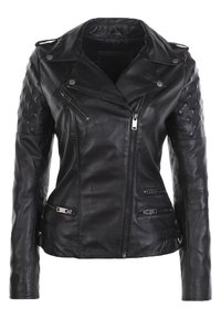 Giacca da moto in pelle nera con spalle texturizzate, cerniera asimmetrica e numerose tasche con zip. Finitura liscia, design elegante.