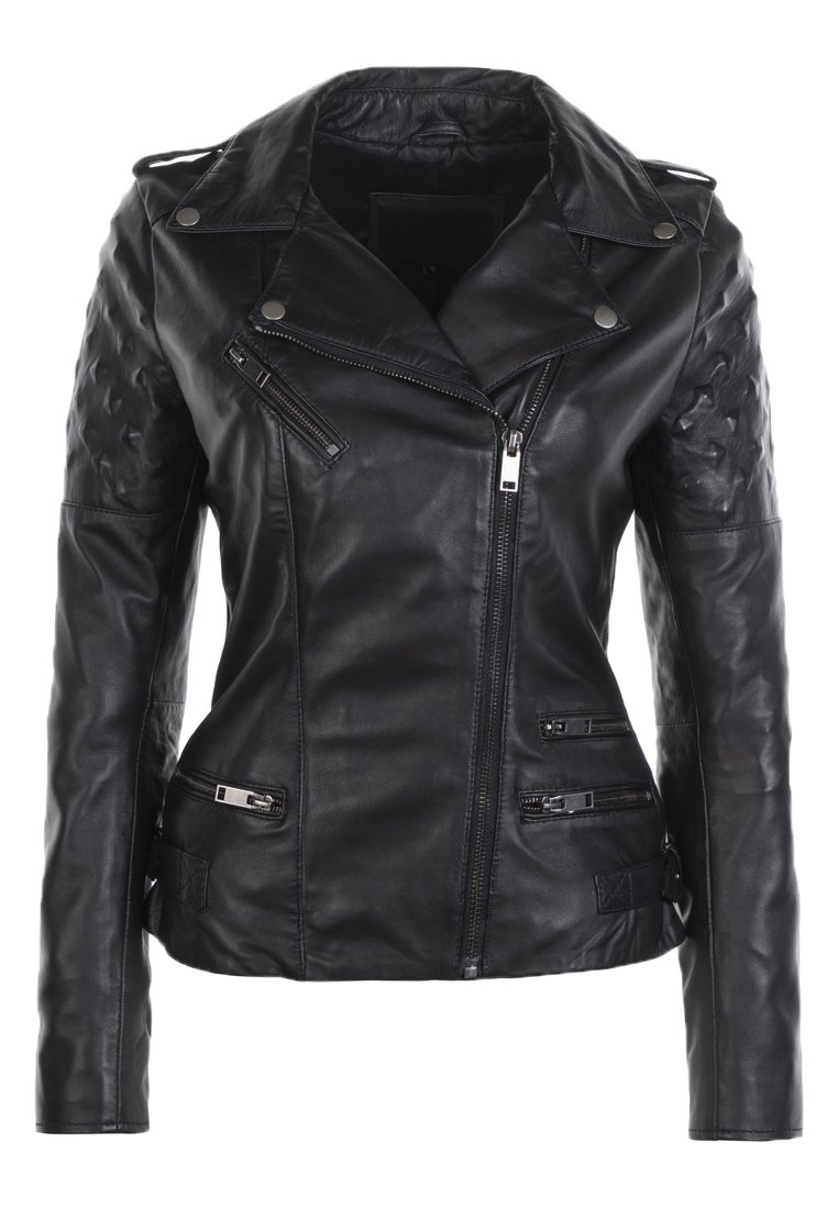 Giacca da moto in pelle nera con spalle texturizzate, cerniera asimmetrica e numerose tasche con zip. Finitura liscia, design elegante.