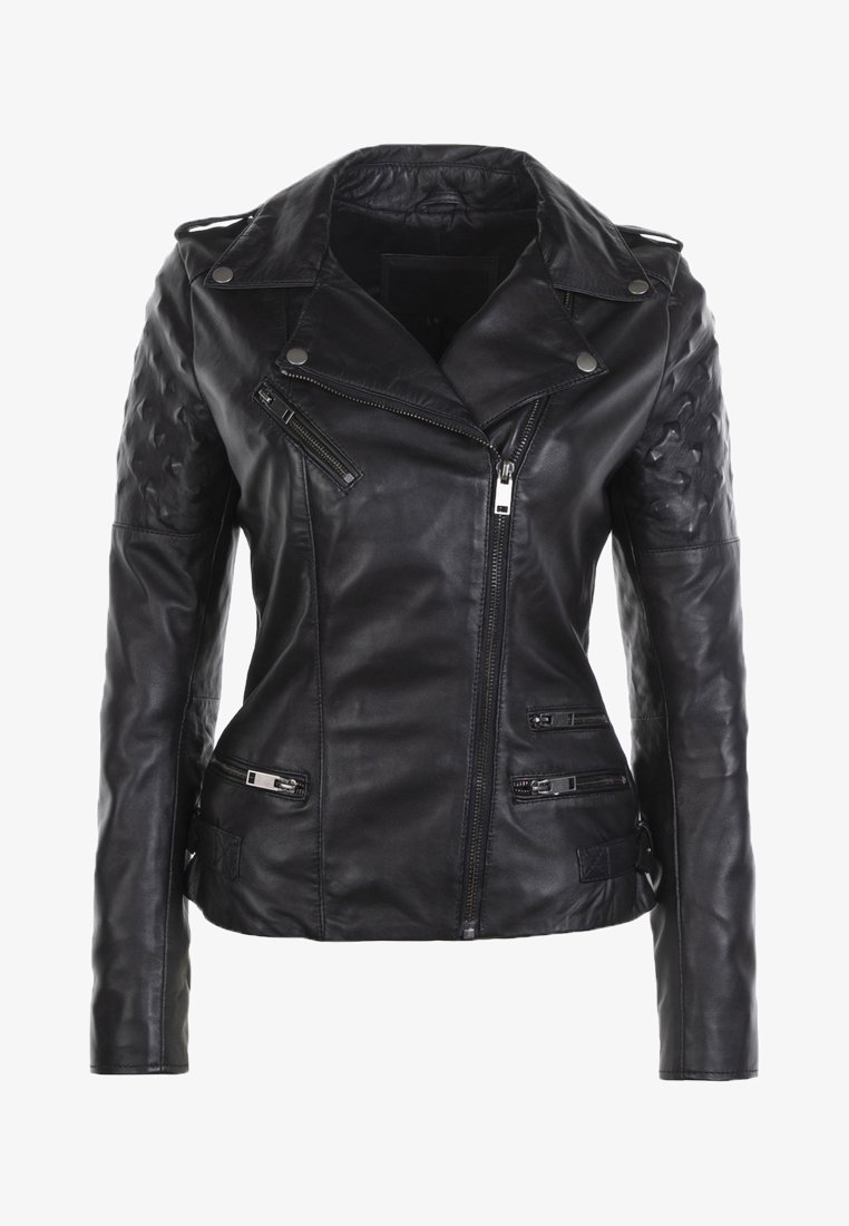 Černá kožená motocyklová bunda s texturovanými rameny, asymetrickým zipem a několika zipovými kapsami. Hladký povrch, elegantní design.